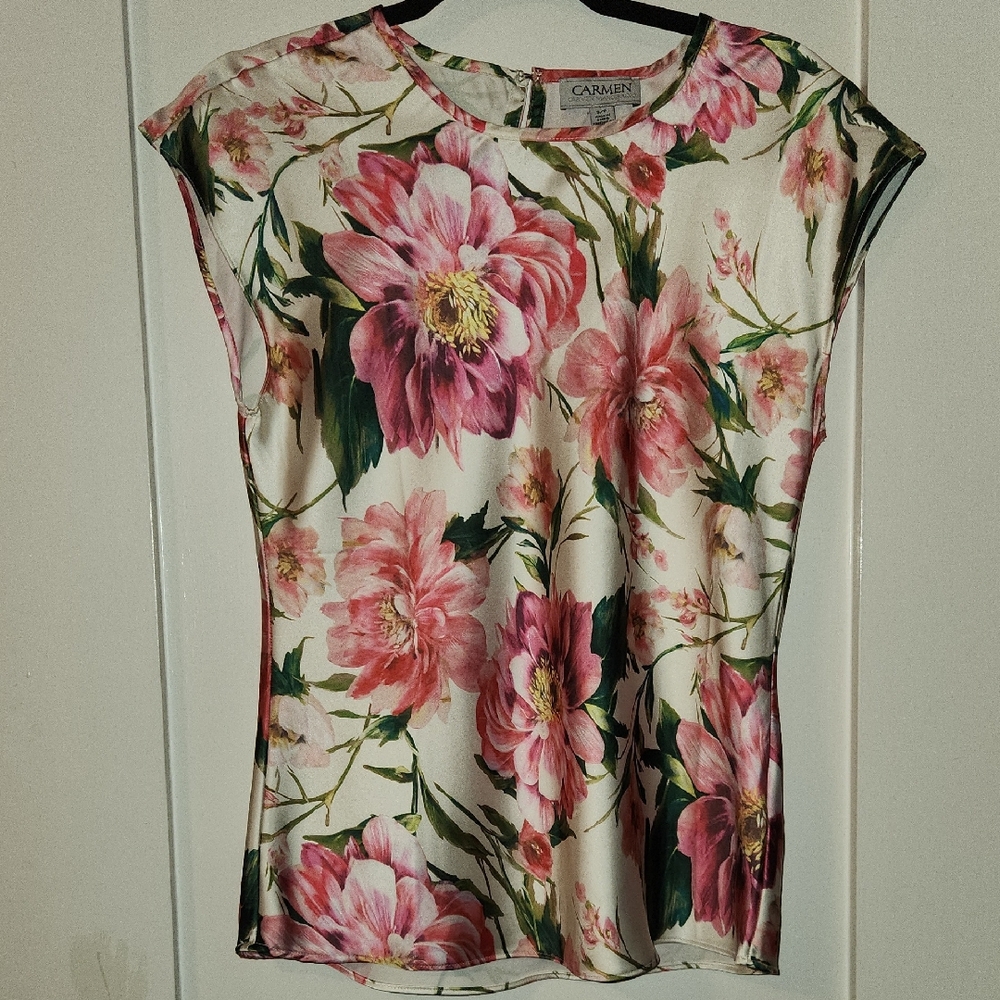 Carmen Marc Valvo Pink and Green Floral Blouse